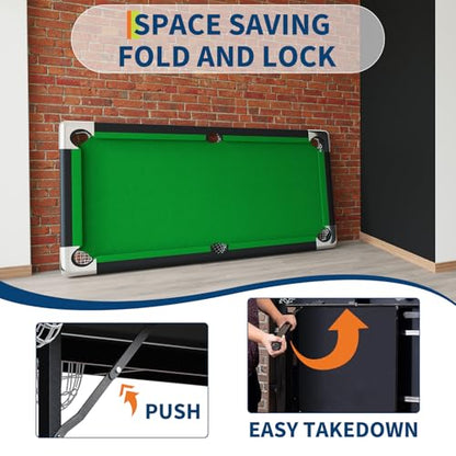 7FT Space-Saving Folding Pool Table for Adults & Kids Green Felt, Complete Accessory Set, Easy to Store – Portable Billiards Table for Game Rooms and Arcades