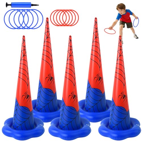 5 Pack Inflatable Spider Web Ring Toss Game - Red and Blue Spider Themed Birthday Party Games with 10 Plastic Rings & Pump, Indoor Outdoor Carnival Toss Toy for Kids Party Favors - color: Red Blue Spider