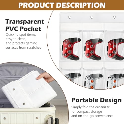 Headset & Controller Holder Wall Mount, 24 Pockets PVC Clear Storage Organizer Headphones/Controller/DVD Gaming Room Accessories, with 4 Hanging Door Hooks and 4 Wall Hooks