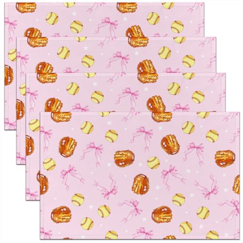 Softball Kids Placemats Set of 4,Coquette Bowknot Bow Tie Knot Table Place Mats,Softball Gloves Ball Sport Game Kitchen Decor,Princess Pink Placemat Kitchen Table Decoration 12"x18" - color: Princess Pink