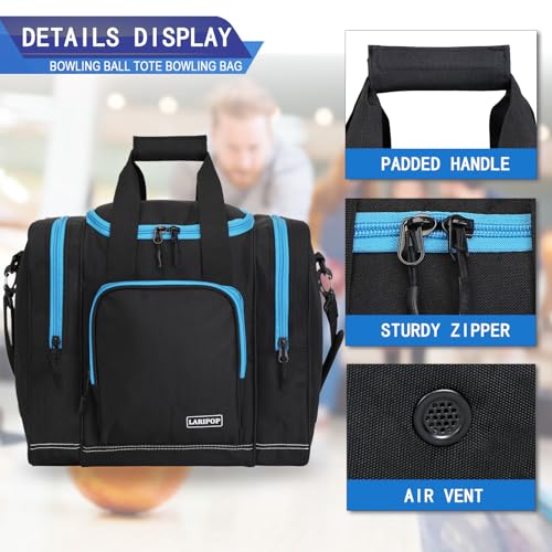 LARIPOP Bowling Ball Bag, Single Bowling Tote with Padded Ball Holder, Ventilated Shoe Pocket & Adjustable Shoulder Strap for Adult Bowlers Men Women - color: Black+TR Blue