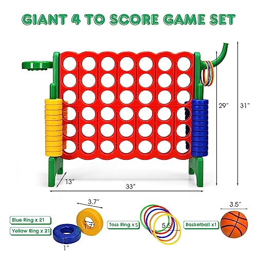 KOTEK Giant 4-in-a-Row Family Game w/Quick-Release Sliders, 42 Rings, Ring Toss & Basketball Hoop, Connect Yard Game for Kids & Adults (Without Carrying Bag, Green) - color: Green