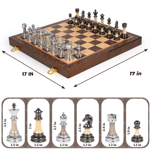 Luxury Large Chess Set 17 Inch Wooden Chess Board with Metal and Acrylic Chess Pieces, 3.5" King, 2 Extra Queens, Foldable Tournament Chess Set for Adults and Kids, Gift Display Chess Game Collection