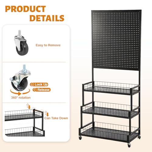 Eastern Tree 3 Tiers Metal Pegboard Display Stand with Pegboard Panel, Standing Pegboard Display Rack, Peg Board Panels, Art Display and Retail Display Stand with 20 Hooks - Black - color: Black