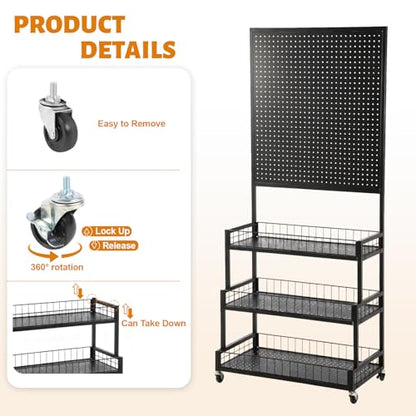 Eastern Tree 3 Tiers Metal Pegboard Display Stand with Pegboard Panel, Standing Pegboard Display Rack, Peg Board Panels, Art Display and Retail Display Stand with 20 Hooks - Black - color: Black