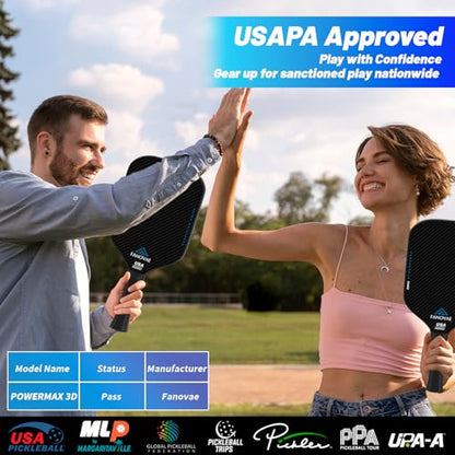 Carbon Fiber Pickleball Paddle, 3K Raw Carbon Fiber Surface, CAS, High Grit & Spin, 16MM PP Honeycomb Core, Ideal for Novice and Pro, Includes Paddle Cover&Eraser, Fanovae POWERMAX 3D