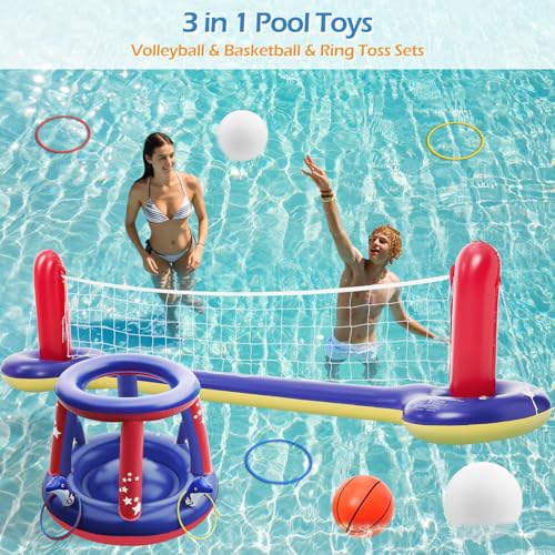 Jasonwell Pool Toys Games Set - 3 in 1 Pool Volleyball Net Basketball Hoop Ring Toss Game Inflatable Floats Water Floating Volleyball Swimming Pools Games Party Gift for Kids Adults (Red&Blue, XL)