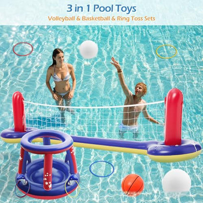 Jasonwell Pool Toys Games Set - 3 in 1 Pool Volleyball Net Basketball Hoop Ring Toss Game Inflatable Floats Water Floating Volleyball Swimming Pools Games Party Gift for Kids Adults (Red&Blue, XL)