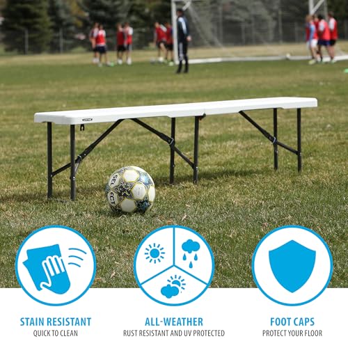 LIFETIME Portable Folding Bench, 6‑Foot Fold‑in‑Half, UV‑Resistant Seat, Powder‑Coated Steel Frame, Lightweight, Stain‑Resistant, Non‑Marring Foot Caps, Indoor/Outdoor Portable Seating