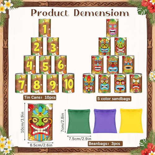 13 Pcs Luau Party Games Luau Tiki Can Toss Game Bean Bag Toss Include 10 Tin Can and 3 Bean Bag for Kids Summer Tiki Family Tropical Hawaii Aloha Indoors Outdoors Activities Party Supplies - style: Tiki Style
