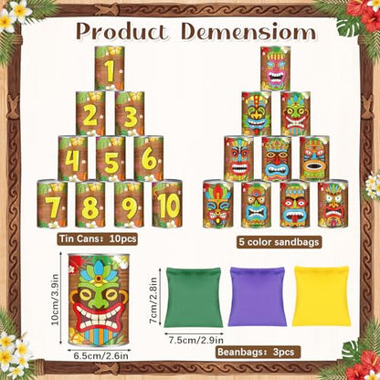 13 Pcs Luau Party Games Luau Tiki Can Toss Game Bean Bag Toss Include 10 Tin Can and 3 Bean Bag for Kids Summer Tiki Family Tropical Hawaii Aloha Indoors Outdoors Activities Party Supplies - style: Tiki Style