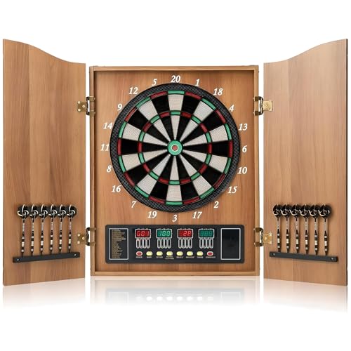 Electronic Dart Board Cabinet Set with Double Wood Door, 4 Led Digital Display Automatic Scoring, 27 Games, Includes 12 Darts & 88 Soft Tips for Home Bar - color: #1