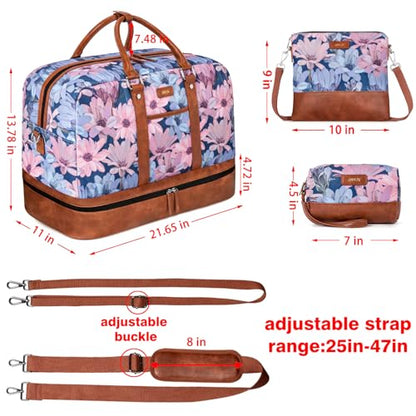 Weekender Bag for Women, Large Overnight Bag Canvas Travel Duffel Bag Carry On Tote with Shoe Compartment 21" 3Pcs Set - color: A10-brown+blue flower