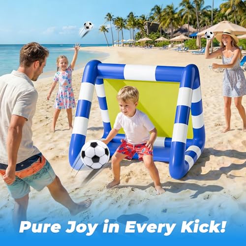 Funscape Kids Soccer Pool Toy, 2-in-1 Inflatable Float Soccer Goal & Ball Toss Water Game, Toddler Outdoor Football Backyard Game, Summer Beach Pool Party Gift 3 4 5 6 7 8 10 12 Year Old Boy Girl Teen - style: Striped Pattern