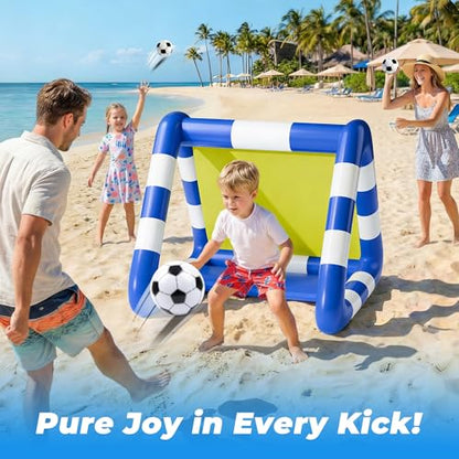 Funscape Kids Soccer Pool Toy, 2-in-1 Inflatable Float Soccer Goal & Ball Toss Water Game, Toddler Outdoor Football Backyard Game, Summer Beach Pool Party Gift 3 4 5 6 7 8 10 12 Year Old Boy Girl Teen - style: Striped Pattern