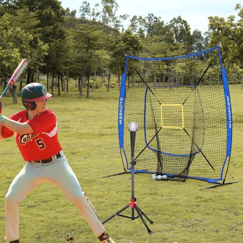 Storgem Baseball and Softball Practice Net 7×7ft Portable Hitting Pitching Batting Training Net Baseball Backstop Net with Batting Tee and Strike Zone and Bow Frame - color: Blue