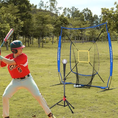 Storgem Baseball and Softball Practice Net 7×7ft Portable Hitting Pitching Batting Training Net Baseball Backstop Net with Batting Tee and Strike Zone and Bow Frame - color: Blue