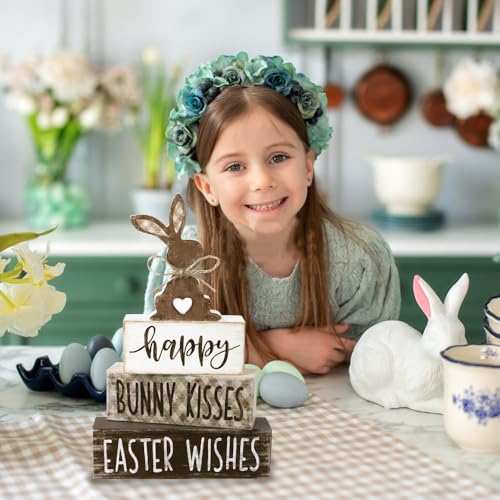 DIYDEC 4Pcs Easter Tabletop Decorations Bunny Wooden Block Signs Gift Rustic Tiered Tray Decor Happy Easter Centerpiece Farmhouse Wood Rabbit Table Sign for Kitchen Home Office Party Decor - style: Bunny