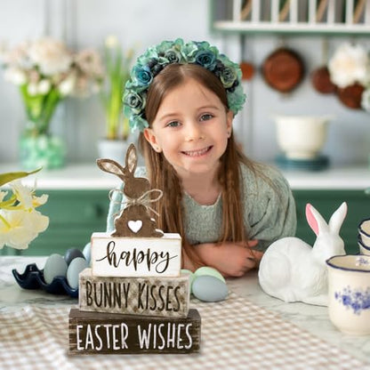 DIYDEC 4Pcs Easter Tabletop Decorations Bunny Wooden Block Signs Gift Rustic Tiered Tray Decor Happy Easter Centerpiece Farmhouse Wood Rabbit Table Sign for Kitchen Home Office Party Decor - style: Bunny