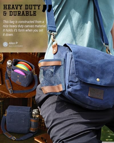 Disc Golf Bag | Frisbee Golf Bag | Easy to Carry | Lightweight Fits Up to 10 Discs | 16 oz Waxed Canvas Sturdy Design | Belt Loop | Double Button Design | Bottle Holder - style: Waxed Canvas / Leather - Blue