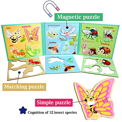 Magnetic Puzzles for Kids Ages 3, Travel Toddler Puzzles Ages 4-5 Year, Insect Activities Toy for Boys & Girls Learning Magnet Gift for Road Trip - style: Insect