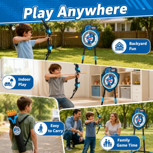 VROGTIK Kids Bow and Arrow Set, LED Light Up Archery Toy with Standing Target, 10 Suction Cup Arrows & Quiver, Indoor Outdoor Backyard Games, Birthday Gifts for Boys Girls Ages 3-12 - color: Blue