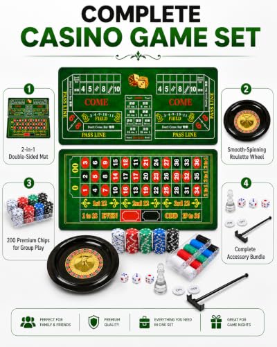 Roulette Wheel Game Set Include 47.2" x 23.6"Rubber Tabletop Layout Mat(Double Sided)，10 Inch Roulette Wheel，200 Chips Dealer Button，Win Marker，3 Dices，Chip Rake Casino Game Sets Gift Ideas