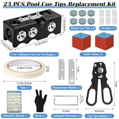 23Pcs Pool Cue Tips Replacement Kit, 11-in-1 Billiards Pool Cue Tip Shaper, 2 Chalk Cubes 6 Ferrules 6 Cue Tips 2 Blades 2 Wrenches 1 Scissors 1 Tape 1 Glove 1 Instruction Manual for Billiard