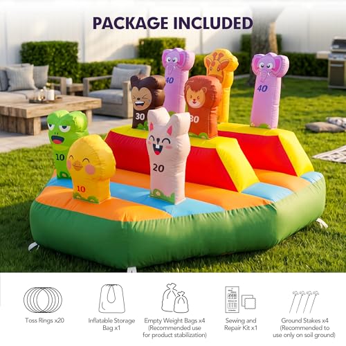 6FT Inflatable Ring Toss Game with 20 Rings & Built-in Blower, Inflatable Carnival Toss Game for Backyard, Camping, Event, Family Party