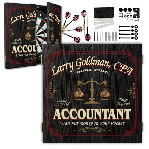 Personalized Dart Board Cabinet Set with 6 Steel Tip Darts, Paper Fibre Dartboard, Chalk & Eraser (21.5 x 21.5 x 2.75") - Occupational Man Cave Dart Boards for Adults - Accountant (400) - style: Accountant Dartboard & Cabinet Set