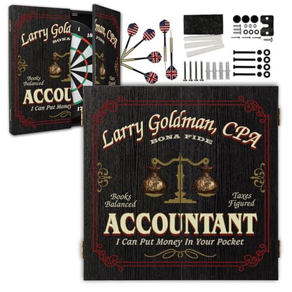 Personalized Dart Board Cabinet Set with 6 Steel Tip Darts, Paper Fibre Dartboard, Chalk & Eraser (21.5 x 21.5 x 2.75") - Occupational Man Cave Dart Boards for Adults - Accountant (400) - style: Accountant Dartboard & Cabinet Set