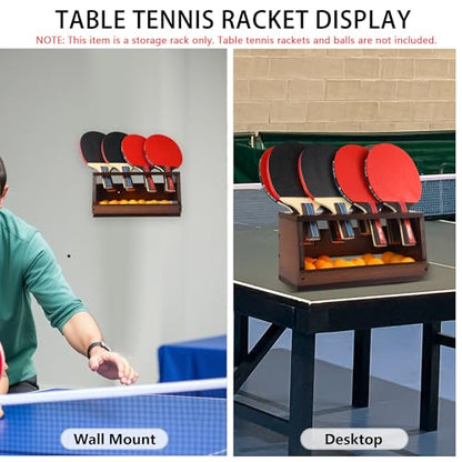 Ping Pong Paddle Holder Wall Mount & Desktop 2-in-1,Table Tennis Racket Display Organizer Holds 8 Rackets, Ping Pong Paddle Storage Rack in Game Room, Man Cave, Office, Home, Brown - color: Desktop/Brown