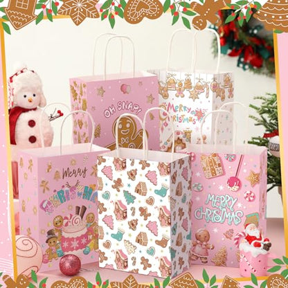 Kolldenn 48 Pcs Pink Christmas Gingerbread Party Favors Bags Christmas Goodie Gift Paper Bags with Handles Xmas Tree Gingerbread Coffee Candy Treat Bag for Xmas Party Decorations Holiday Supplies - style: Gingerbread