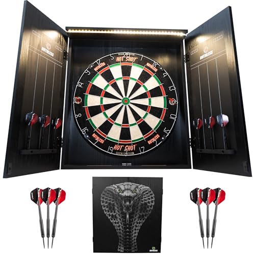Ruthless Home Darts Centre with or Without LED Light Options | Home Dart Board Centre Including Cabinet, Dartboard and 2 Sets of Darts. - style: Cobra + LED Light