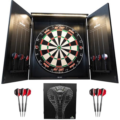 Ruthless Home Darts Centre with or Without LED Light Options | Home Dart Board Centre Including Cabinet, Dartboard and 2 Sets of Darts. - style: Cobra + LED Light