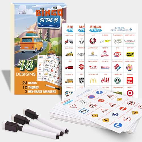GRANDLMOON 48 Designs 9 Themes Car Bingo and Road Trip Scavenger Hunt Game with 3 Markers for Kids, Fun Travel Activity for Kids Ages 3-8