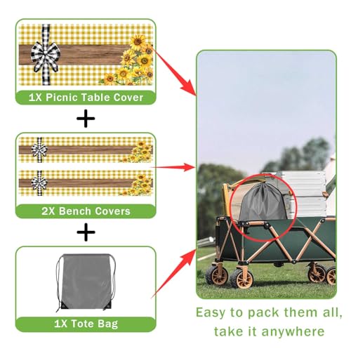 Picnic Table Cover with Bench Covers, Sunflower Buffalo Plaid Farmhouse Wood Waterproof Elastic Fitted Tablecloths Outdoor Camping Essentials, with Drawstring Bag, 72in, Yellow - color: Yellow, size: 30X72inch