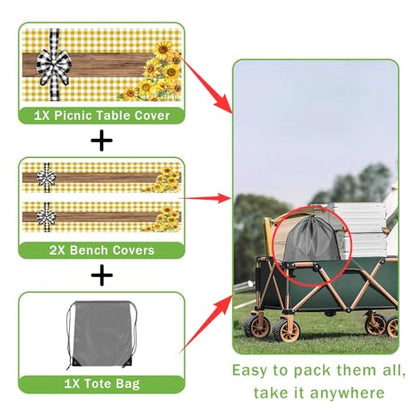 Picnic Table Cover with Bench Covers, Sunflower Buffalo Plaid Farmhouse Wood Waterproof Elastic Fitted Tablecloths Outdoor Camping Essentials, with Drawstring Bag, 72in, Yellow - color: Yellow, size: 30X72inch