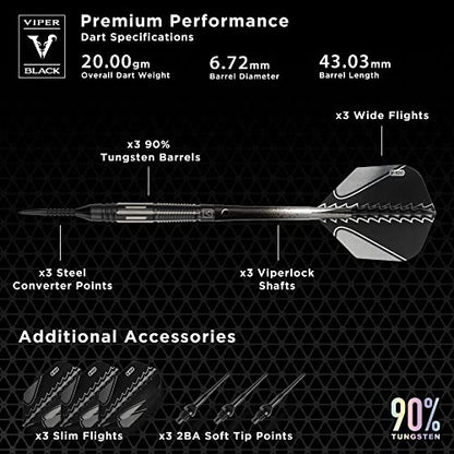 Viper Black Flux 90% Tungsten Conversion Darts, Professional Darts Steel Tip and Soft Tip Dart Set for Sisal and Electronic Dartboards, 20 Grams - color: Black/Silver