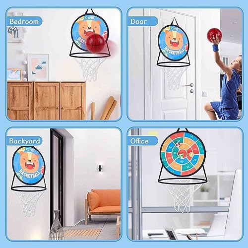 CYFIE 2-in-1 Kids Basketball Hoop & Dart Board for Toddlers,Hanging Sports Toss Game with Soft Sticky Balls, Indoor Outdoor Active Play Toss Toy，Portable Family Toss Game Gift for Boys Girls Ages 3-8