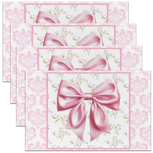 Cartoon Bowknot Kids Placemats Set of 4,Damask Flowers Baroque Antique Victorian Table Place Mats,Rose Floral Bow Tie Romantic Kitchen Decor,Baby Pink Placemat Kitchen Table Decoration 12"x18" - color: Baby Pink