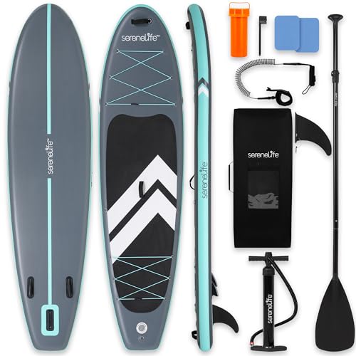 SereneLife 10’6” Inflatable Stand Up Paddle Board with Premium SUP Accessories - 32” Wide Stable Design with Non-Slip EVA Deck Pad, for Youth and Adults, 350 lbs. Capacity - color: White