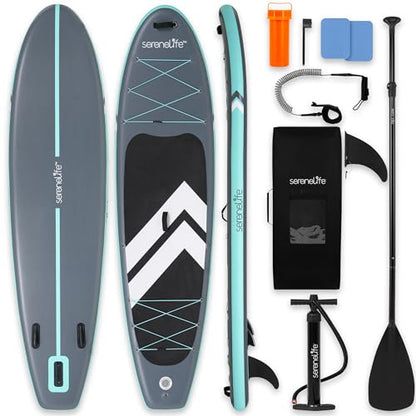 SereneLife 10’6” Inflatable Stand Up Paddle Board with Premium SUP Accessories - 32” Wide Stable Design with Non-Slip EVA Deck Pad, for Youth and Adults, 350 lbs. Capacity - color: White