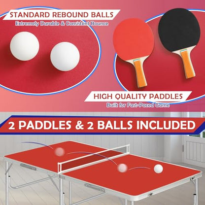 Portable Ping Pong Table, Foldable Indoor Table Tennis Game with 2 Paddles 2 Balls and Net, Quick Assembly Folding Table for Adults and Teens Home Game Room - color: 5ft-red