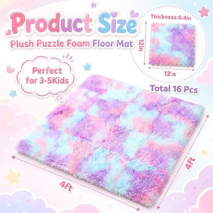 16 Pcs Blue Purple Faux Fur Floor Tiles, 11.8 x 11.8 in Puzzle Girls Play Soft Tiles, 1.5 Inch Shaggy Square, EVA Foam Floor Mat for Nursery, Playroom, Bedroom, Toddler Room, Daycare - color: Blue Purple