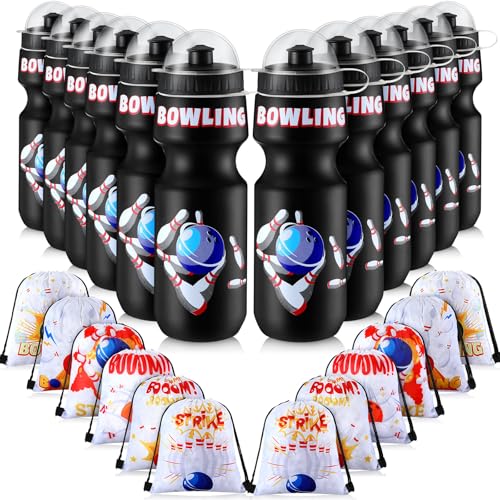 Hosuly 12 Pack Bowling Party Favors Set, Bowling Drawstring Bags & 24 oz Water Bottles, Kids Birthday Party Supplies, Bulk Plastic Sport Water Bottle, Goodie Bag for School Reward Gym Team Gifts