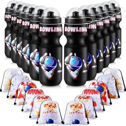 Hosuly 12 Pack Bowling Party Favors Set, Bowling Drawstring Bags & 24 oz Water Bottles, Kids Birthday Party Supplies, Bulk Plastic Sport Water Bottle, Goodie Bag for School Reward Gym Team Gifts