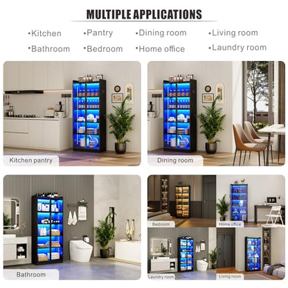 Dystler Display Cabinet with Doors and Adjustable Shelves, 65" Tall Bookcase with LED Lights/Human Sensor, 5 Tier Display Case for Collectibles Bedroom Living Room Office, Black - color: Black