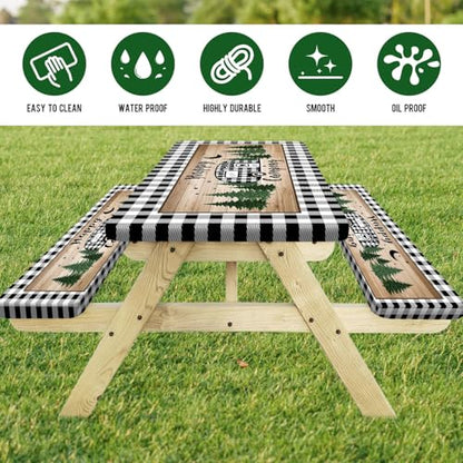 3PCS Picnic Table Cover with Bench Covers Elastic Edges, Farm Plaid Camping RV Waterproof Windproof Tablecloth with Drawstring Bag, Outdoor Patio Camping Essentials, 60in, Black White - color: Camping, size: 30X60inch