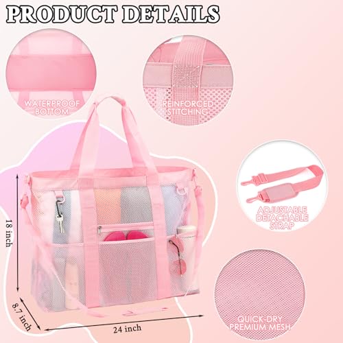 GYEUKHAM Mesh Beach Bag for Women, Sand-Resistant Pool Tote, 9 Pockets (1 Inner Zip), Foldable Family Travel Essentials - color: Extra Large - Pink
